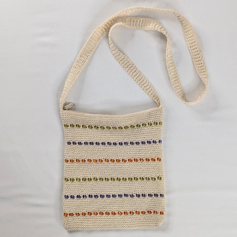 VTG Cream Crochet Colorful Beaded Crossbody Purse